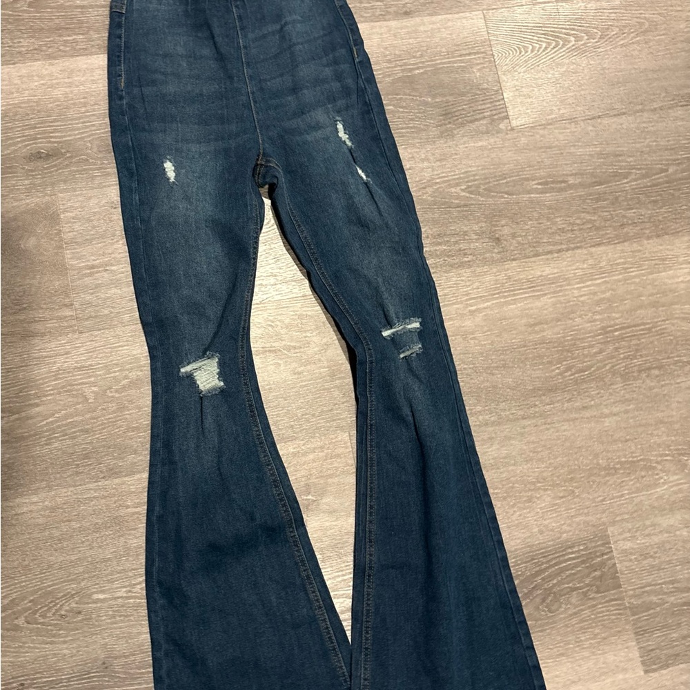 Women's Dark Blue Distressed Flare Jeans